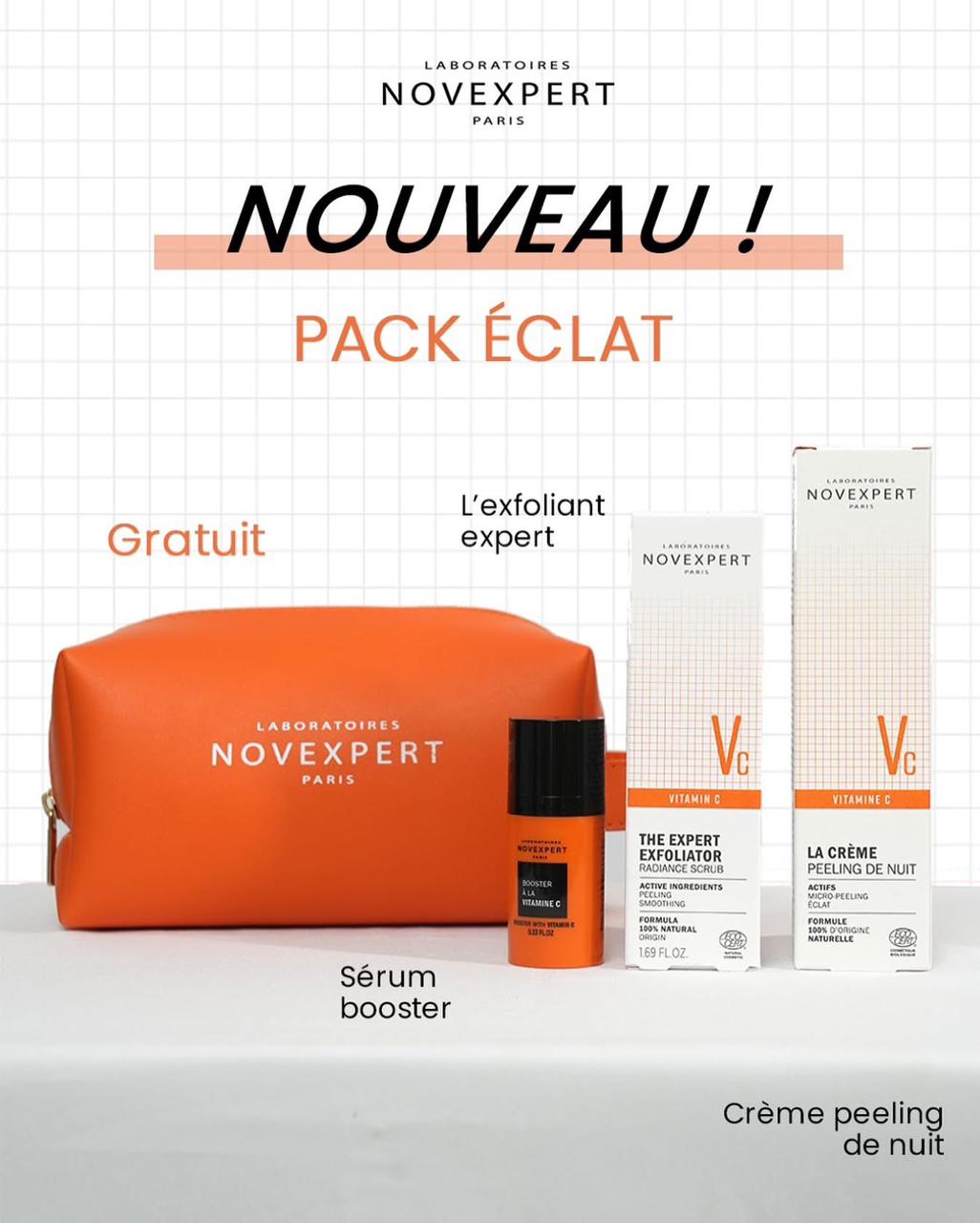 NOVEXPERT TROUSSE CREME PEELING DE NUIT 40ML+L'EXFOLIANT EXPERT 50ML+SERUM BOOSTER A LA VITAMINE C 10ML (OFFERT)